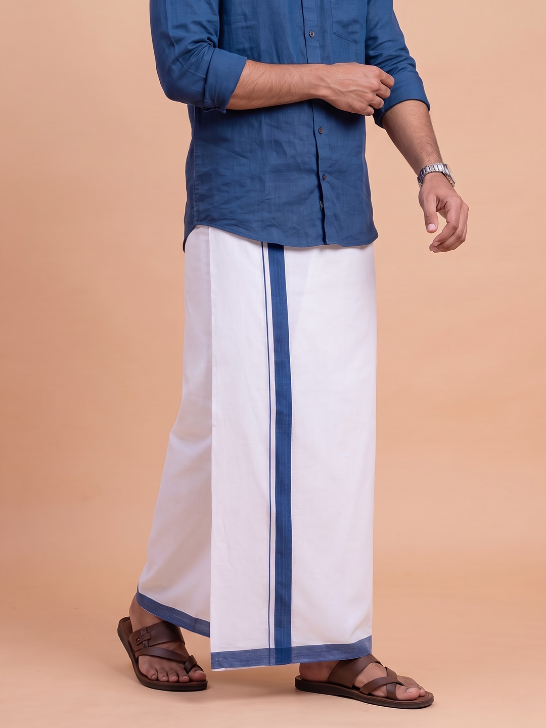 Double Layer 100% Cotton White Dhoti With Blue Border - ADS03
