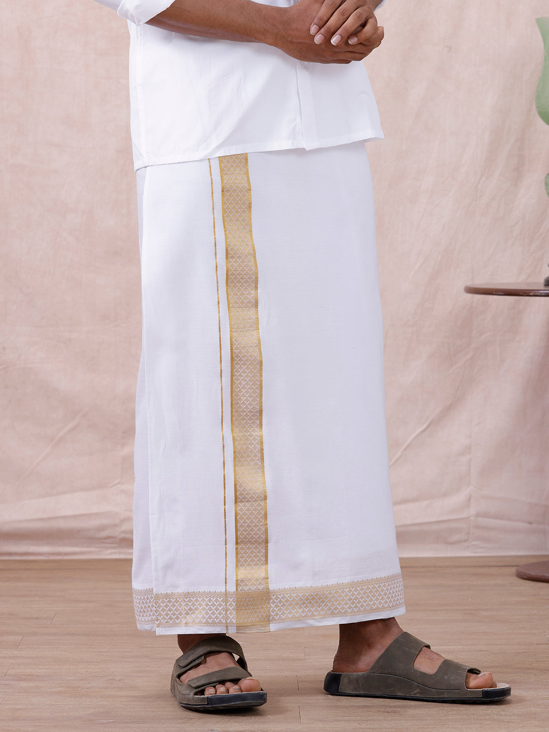 Men Cotton Blend Readymade Double Layer White Dhoti with Gold Jari Border GAA03