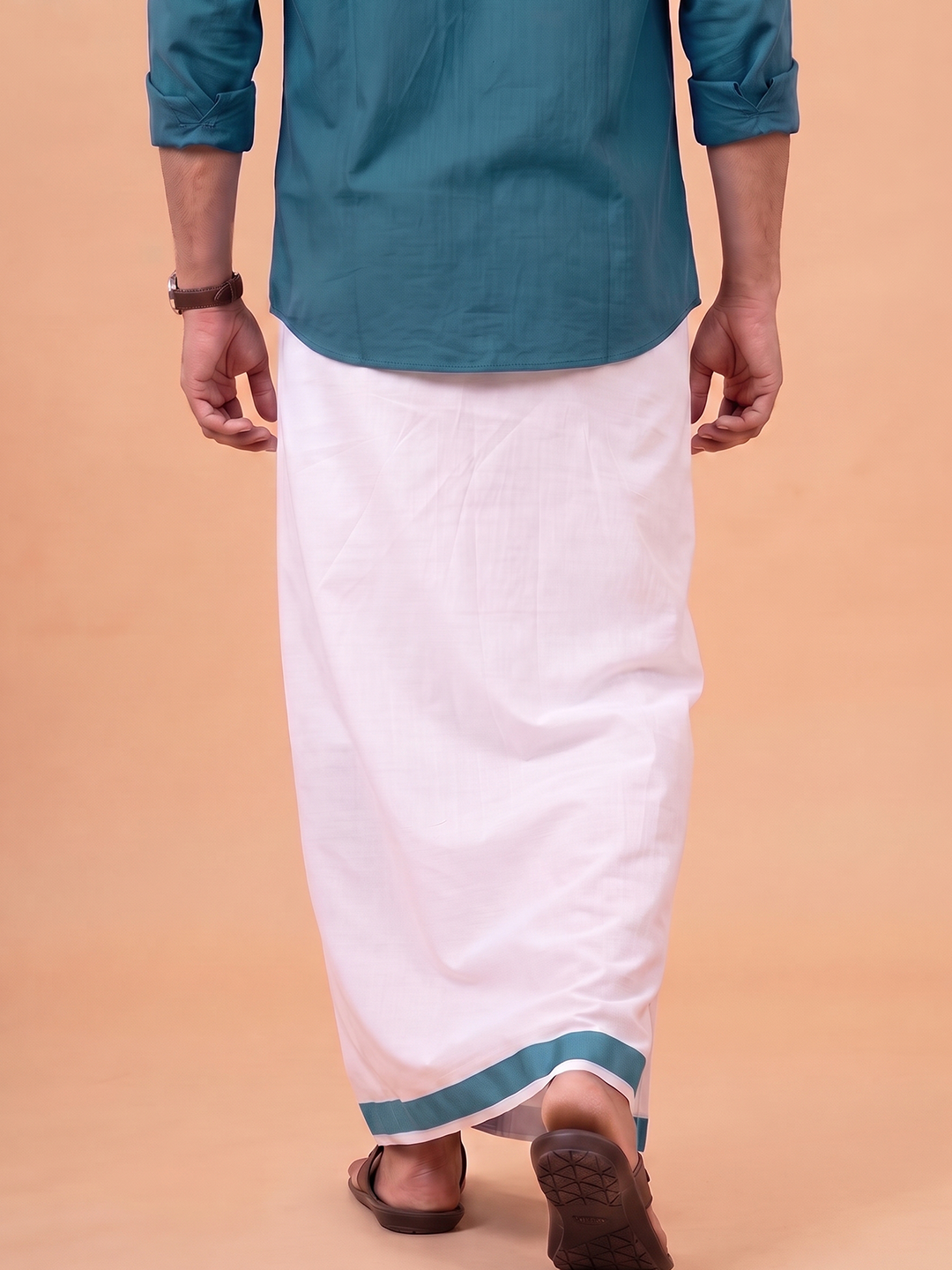 Single Layer 100% Cotton White Dhoti With Colour Border - YS03