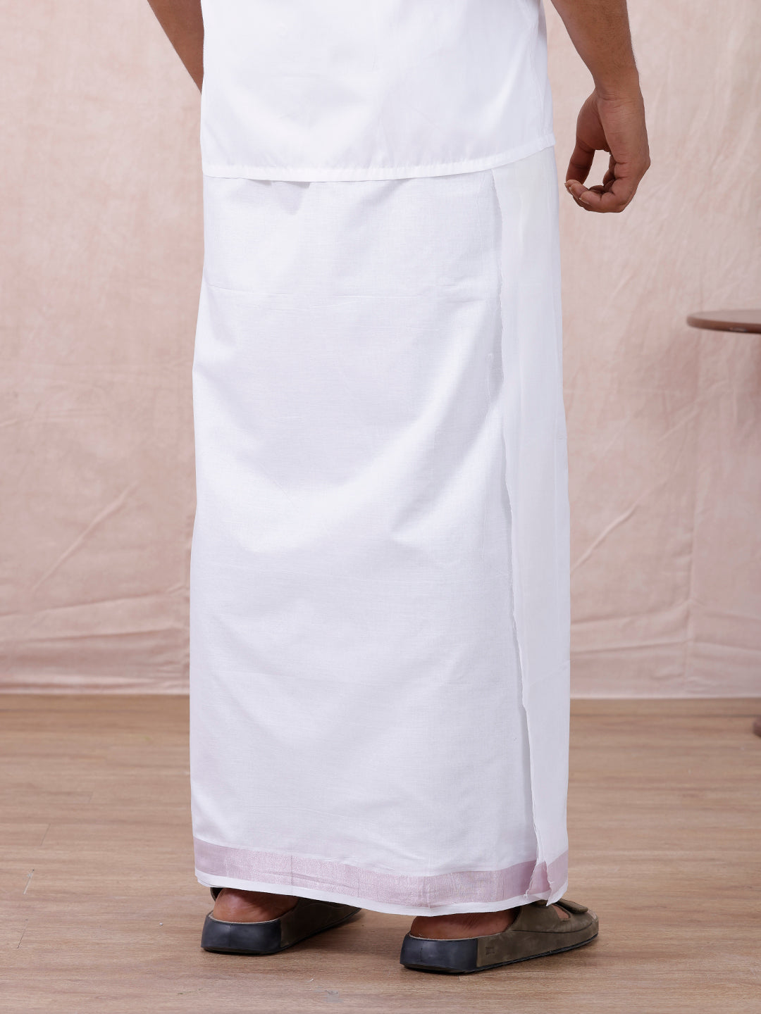 Men 100% Cotton Double Layer White Dhoti with Rose Gold Border