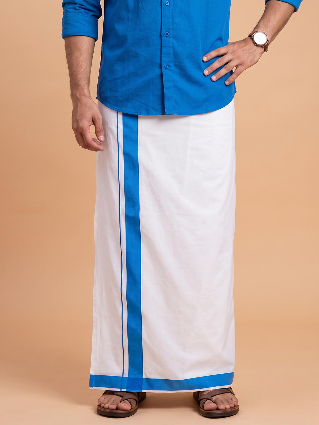 Single Layer 100% Cotton White Dhoti With Blue Border - YS04