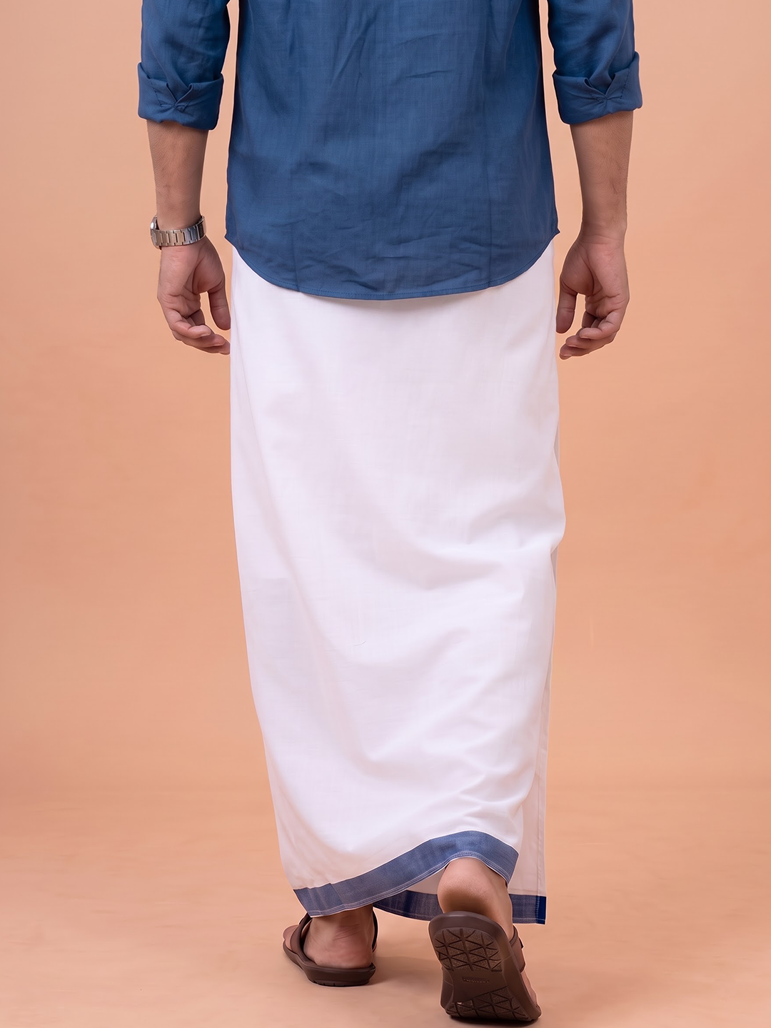 Double Layer 100% Cotton White Dhoti With Blue Border - ADS03