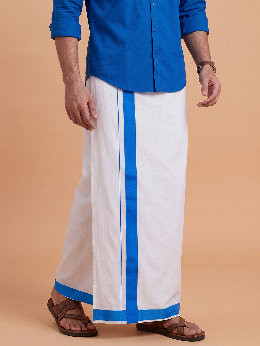 Single Layer 100% Cotton White Dhoti With Blue Border - YS04