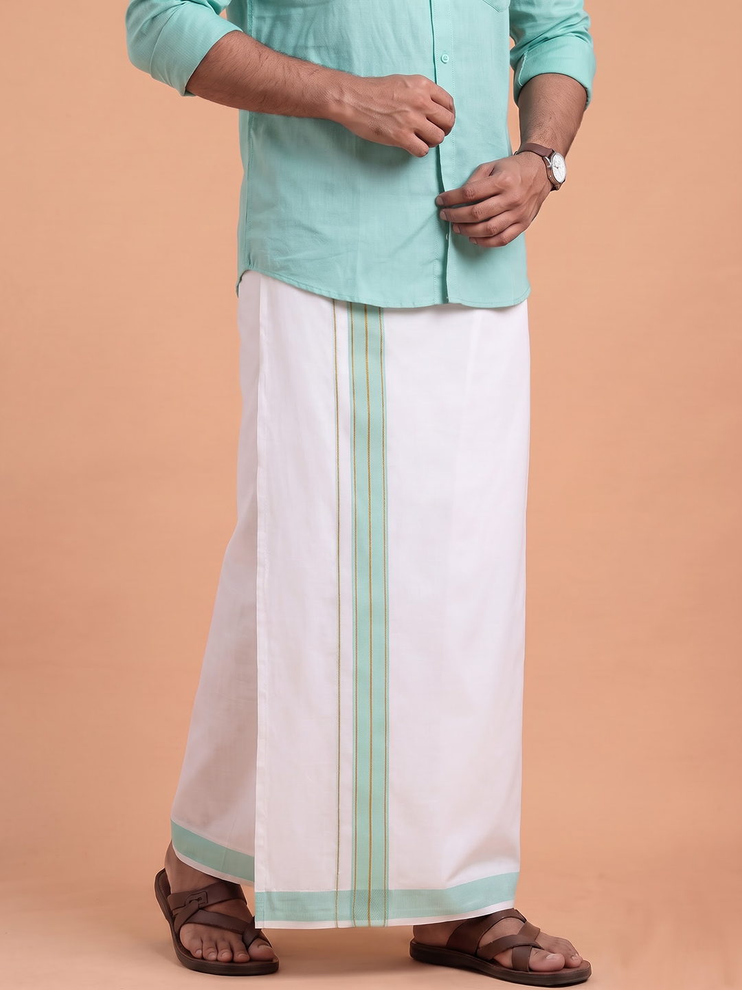Single Layer 100% Cotton White Dhoti With Colour Jari Border YGF07