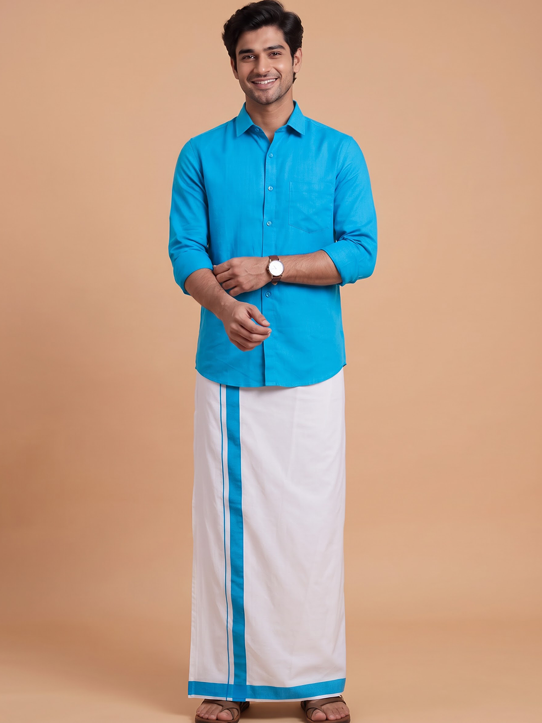 Single Layer 100% Cotton White Dhoti With Blue Border - YS05