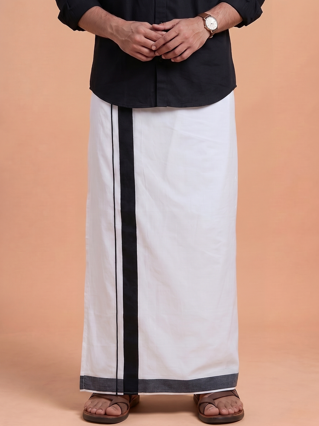Double Layer 100% Cotton White Dhoti With Black Border - ADS01