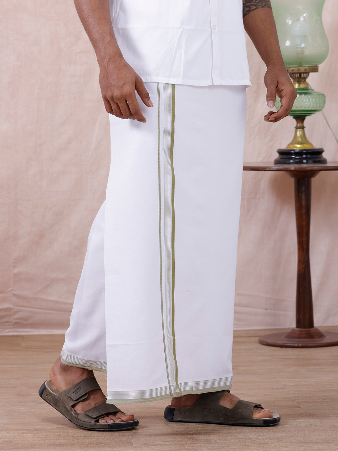 Men 100% Cotton Single Layer White Dhoti with Fancy Jari Border HW04