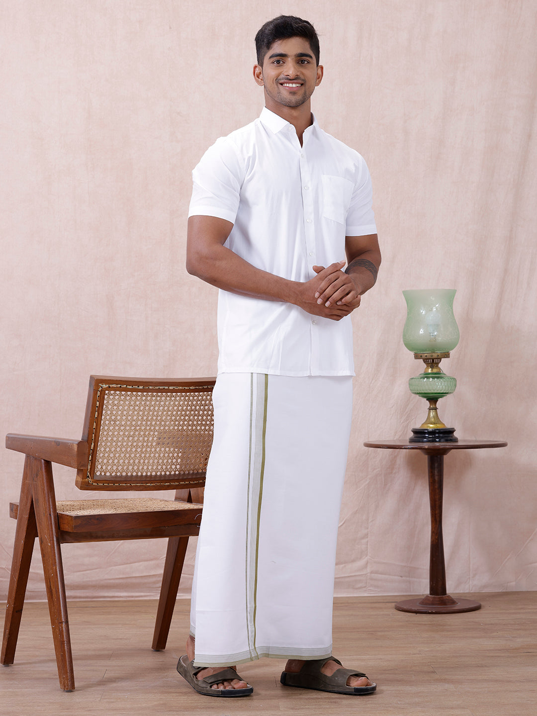 Men 100% Cotton Single Layer White Dhoti with Fancy Jari Border HW04