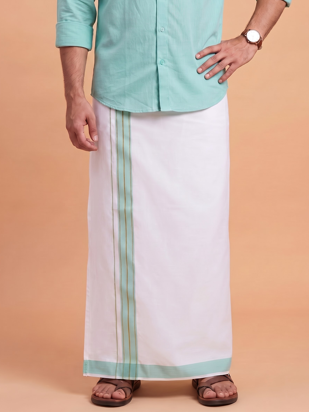 Single Layer 100% Cotton White Dhoti With Colour Jari Border YGF07