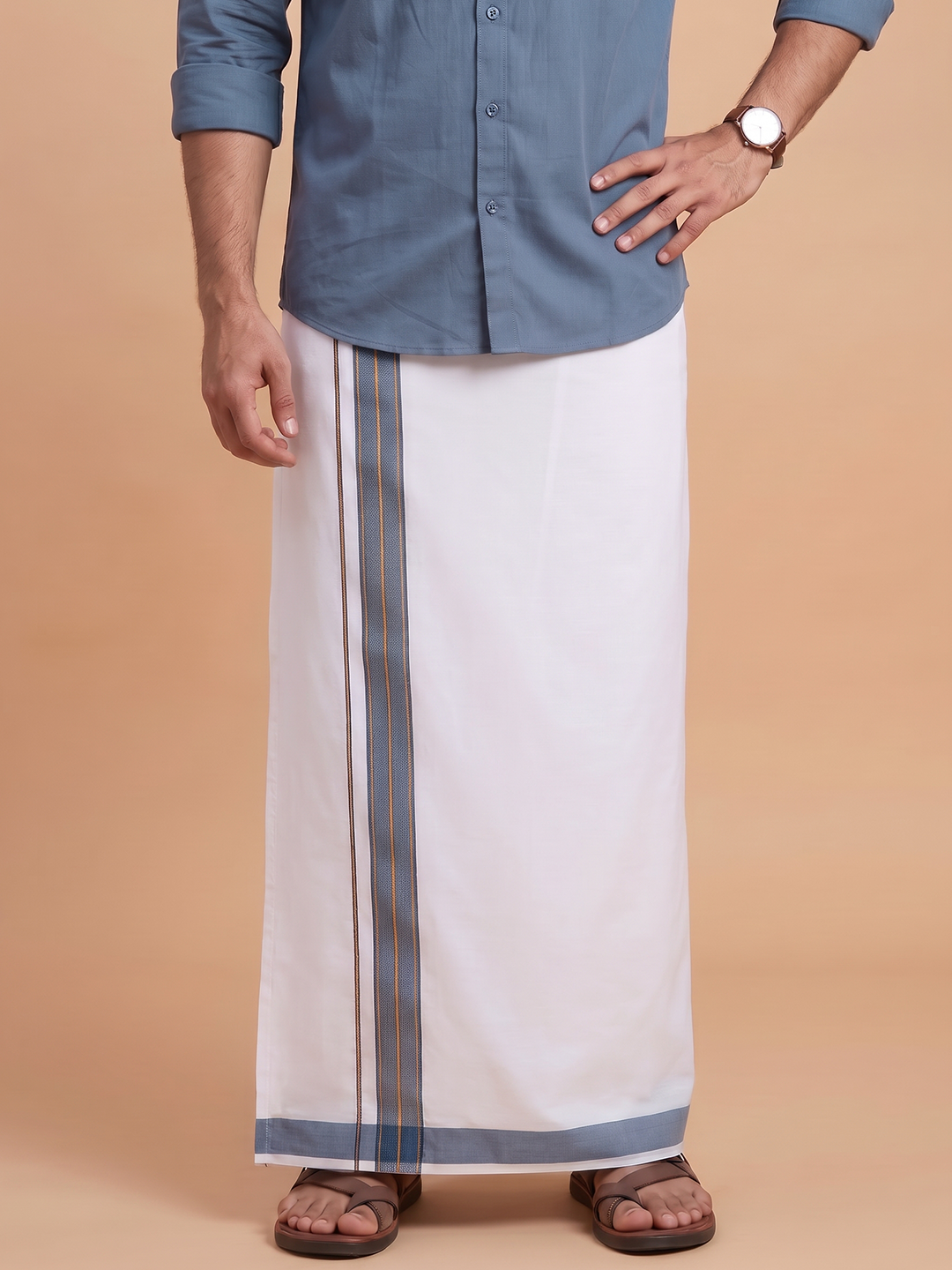Single Layer 100% Cotton White Dhoti With Colour Jari Border YGF08