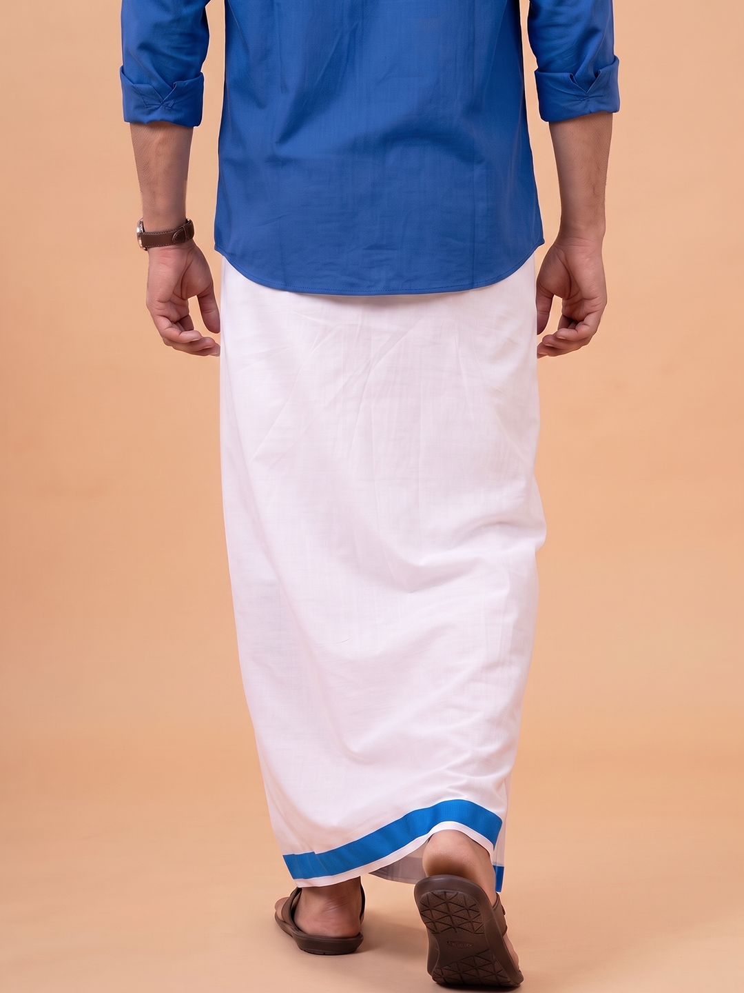 Single Layer 100% Cotton White Dhoti With Blue Border - YS04