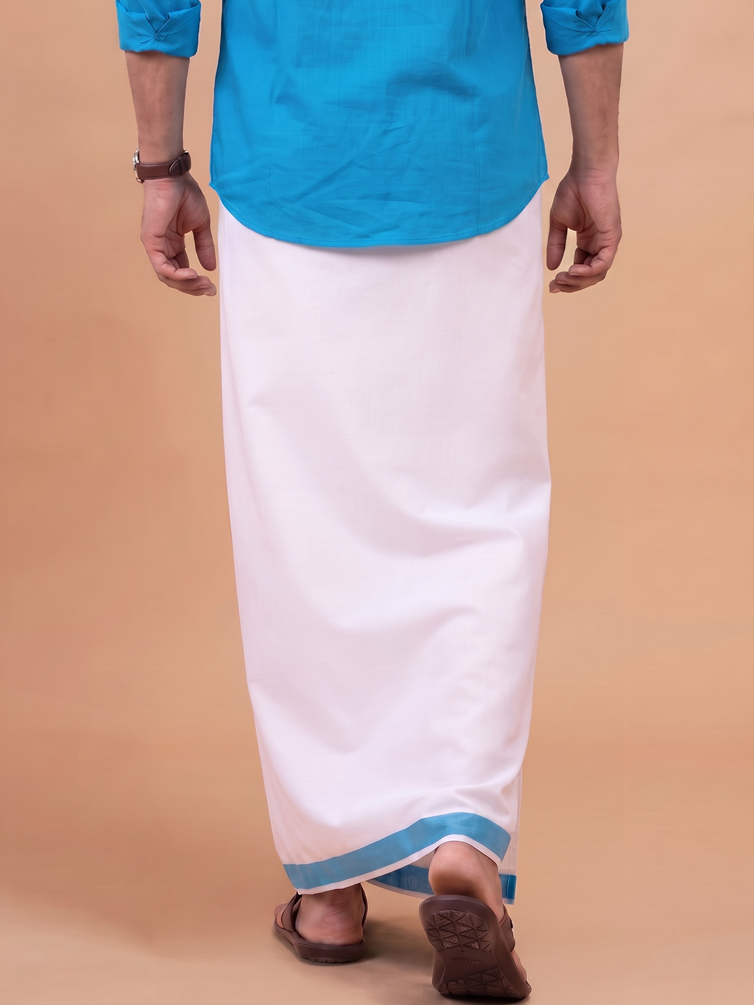 Single Layer 100% Cotton White Dhoti With Blue Border - YS05