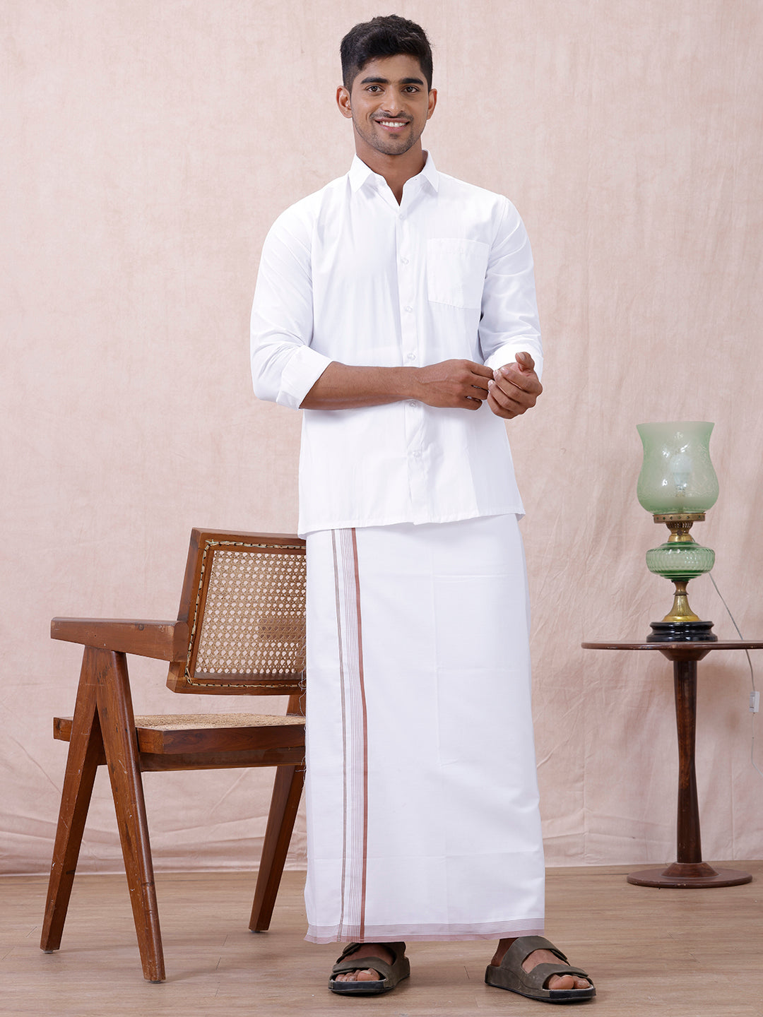 Men 100% Cotton Single Layer White Dhoti with Fancy Jari Border HW03