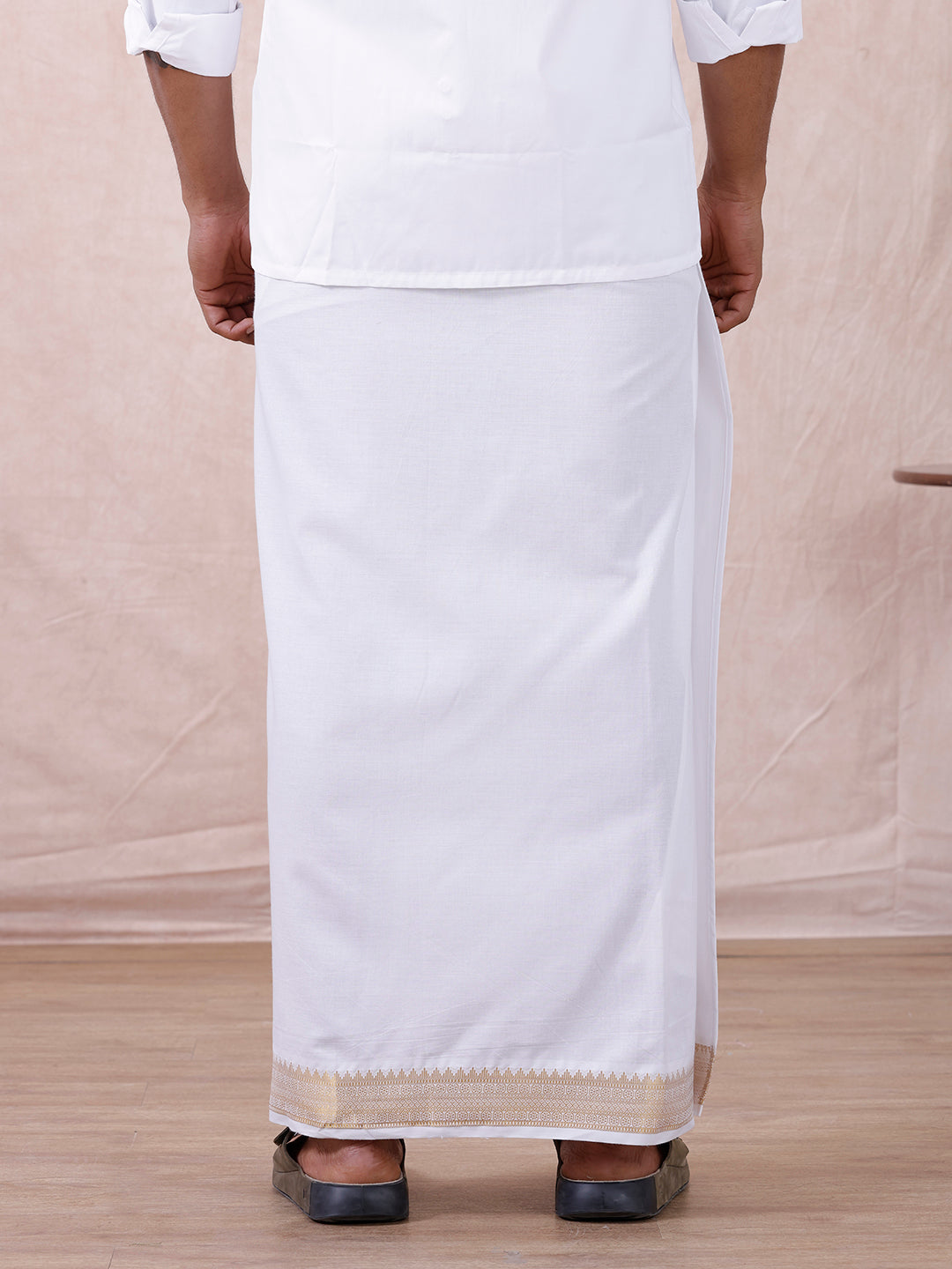 Men Cotton Blend Readymade Double Layer White Dhoti with Gold Jari Border GAA02