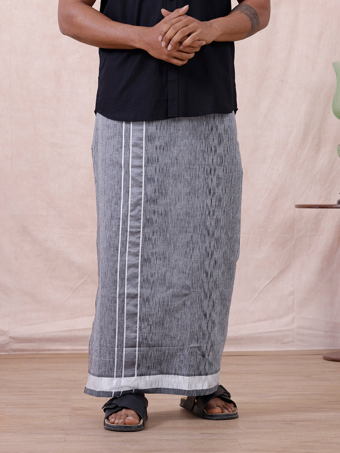 Men Cotton Blend Single Layer Grey Dhoti with Fancy Border Nitro Slub 01