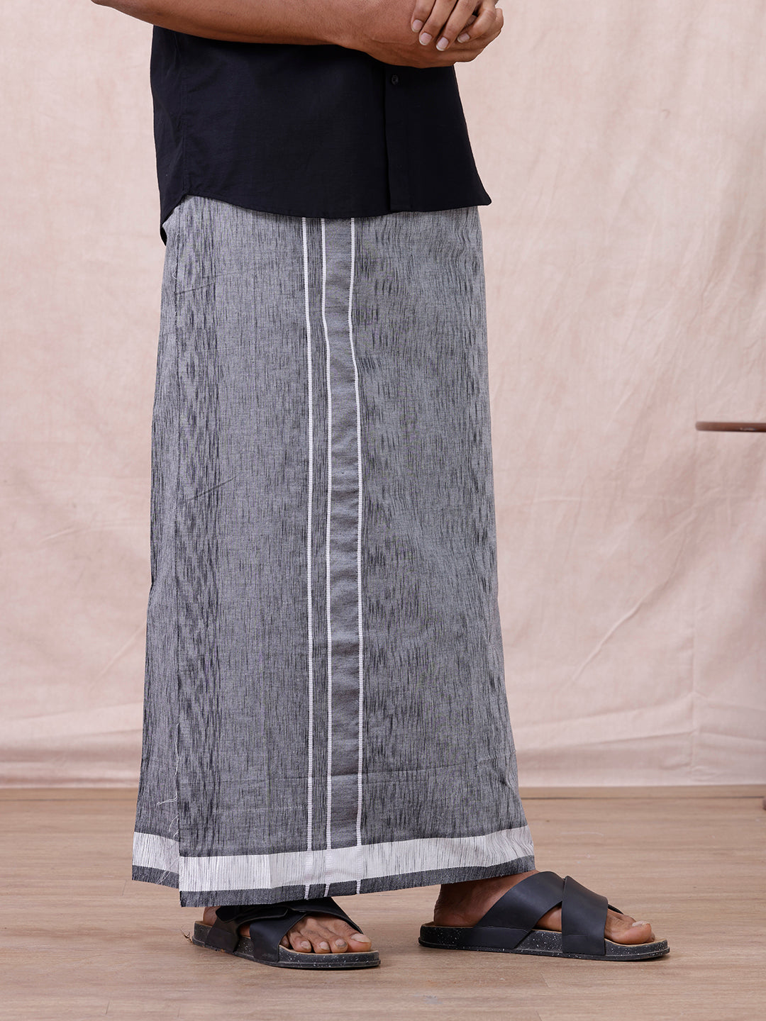 Men Cotton Blend Single Layer Grey Dhoti with Fancy Border Nitro Slub 01