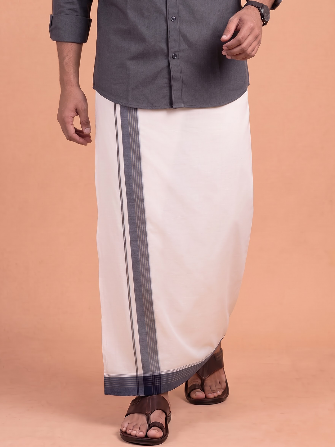 Double Layer Premium Handloom Cream Dhoti With Colour Border - HLM126