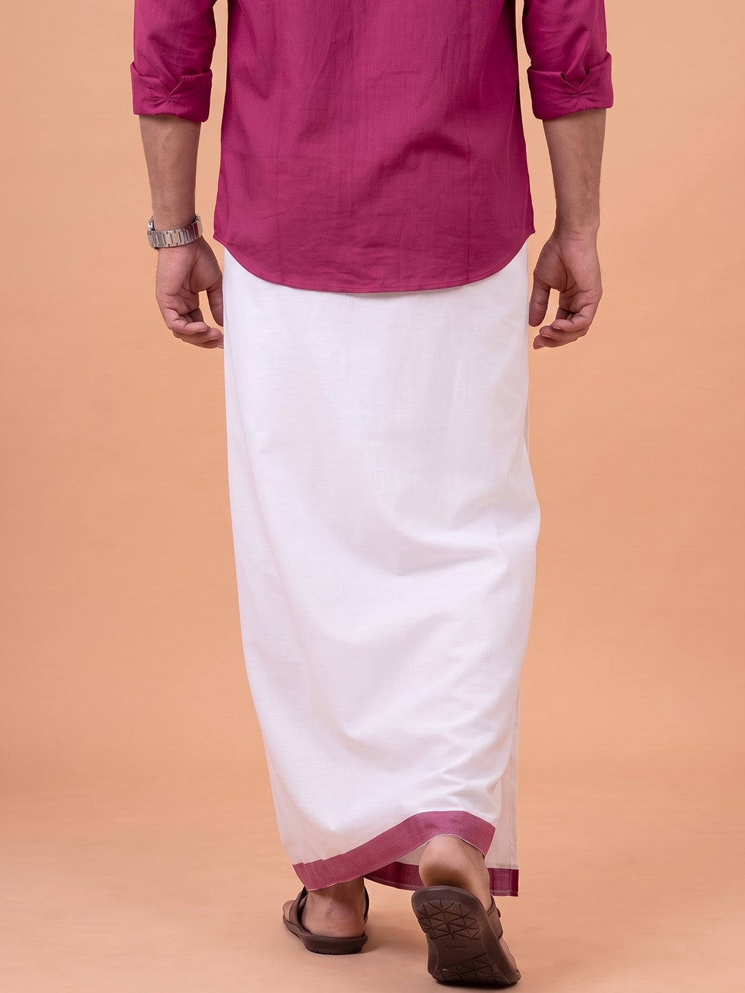 Double Layer 100% Cotton White Dhoti With Dark Pink Border - ADS02