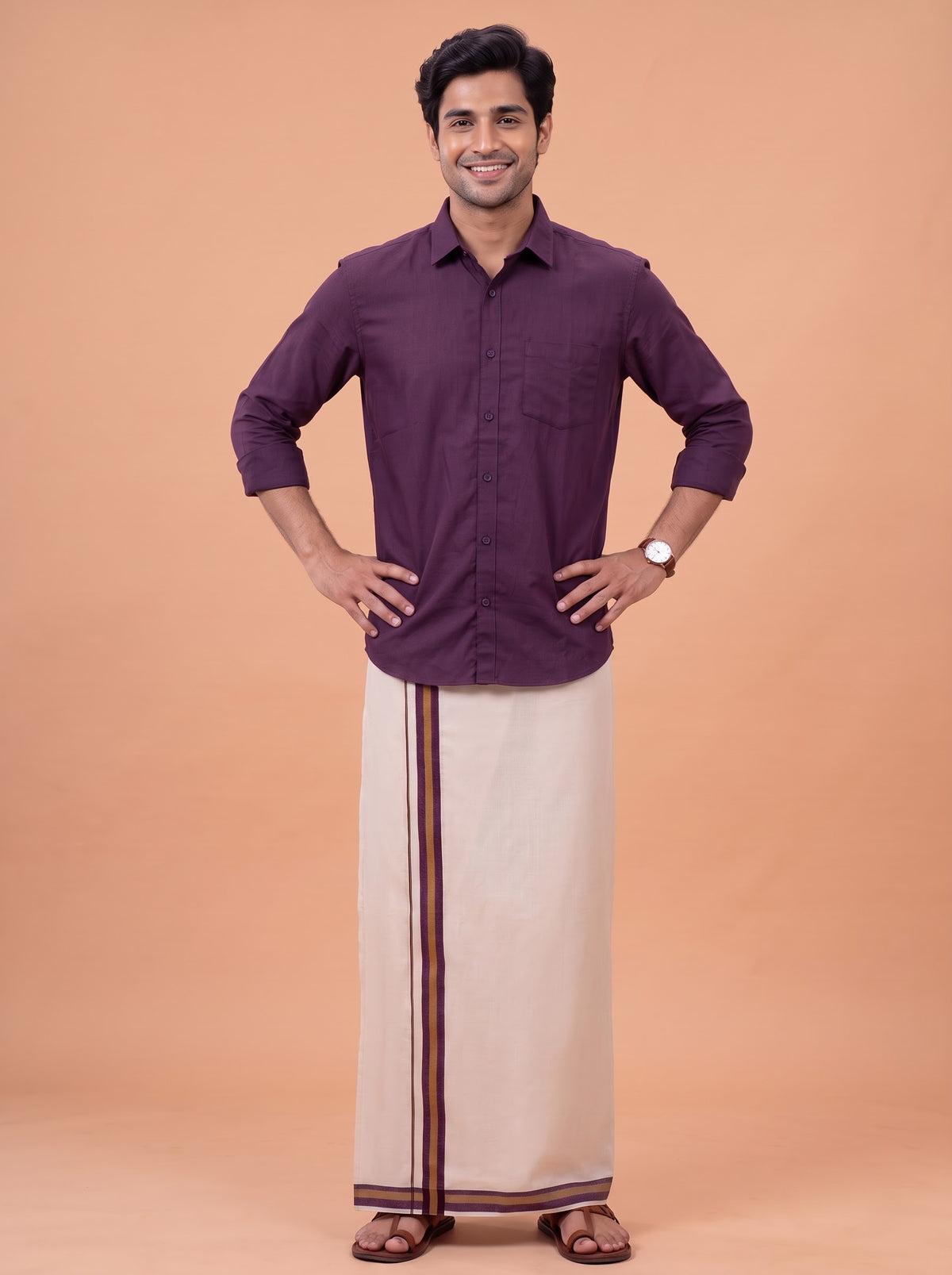 Double Layer Premium Handloom Cream Dhoti with Colour Border - HLM123