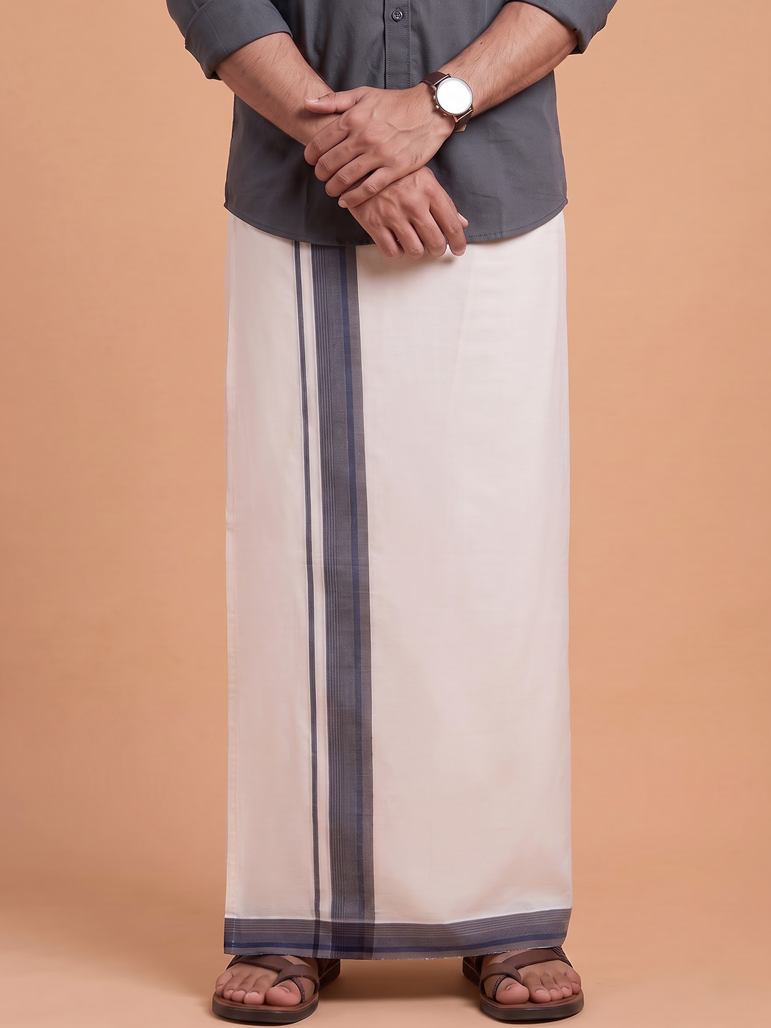 Double Layer Premium Handloom Cream Dhoti With Colour Border - HLM125