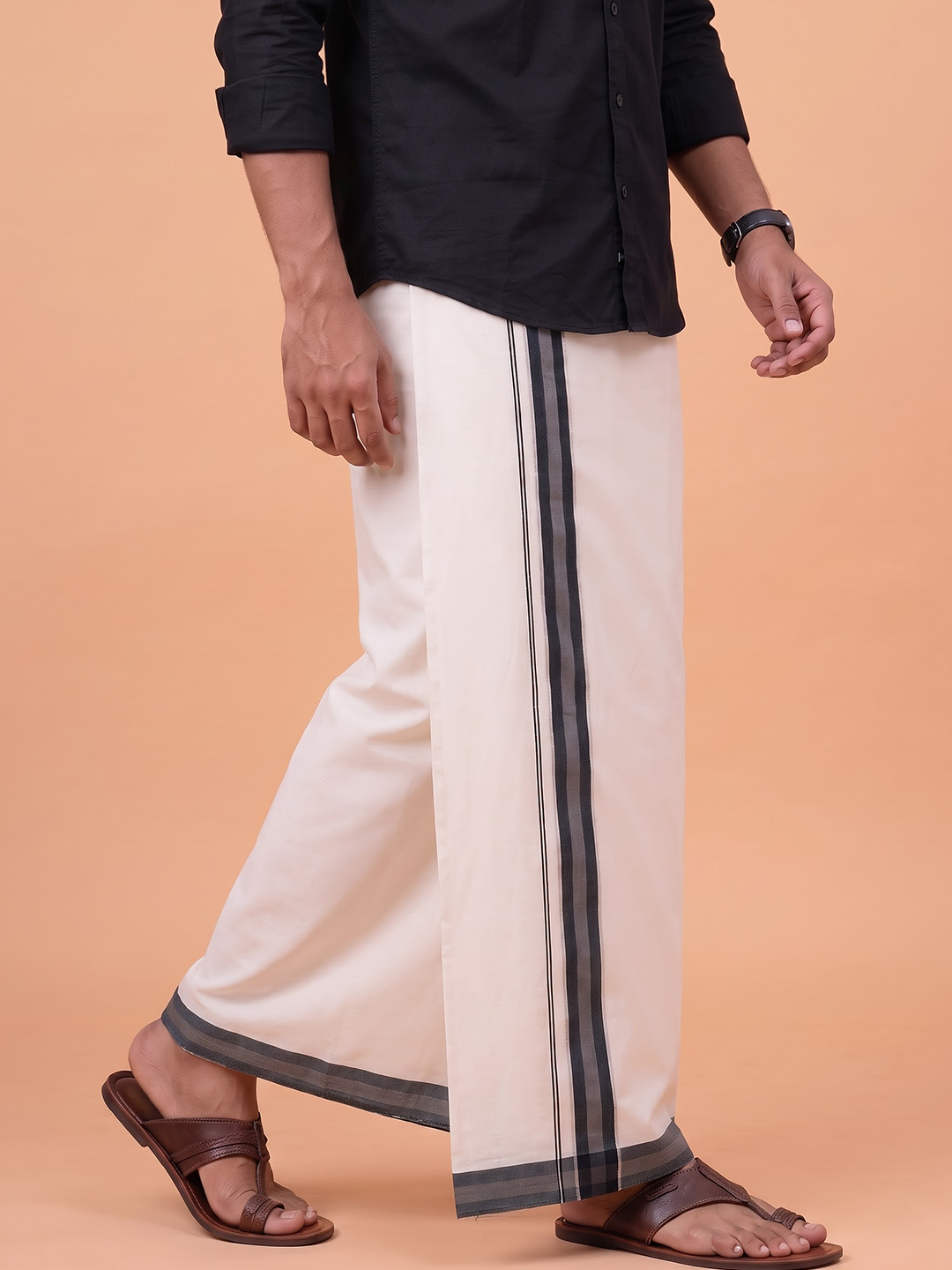 Double Layer Premium Handloom Cream Dhoti With Colour Border - HLM124
