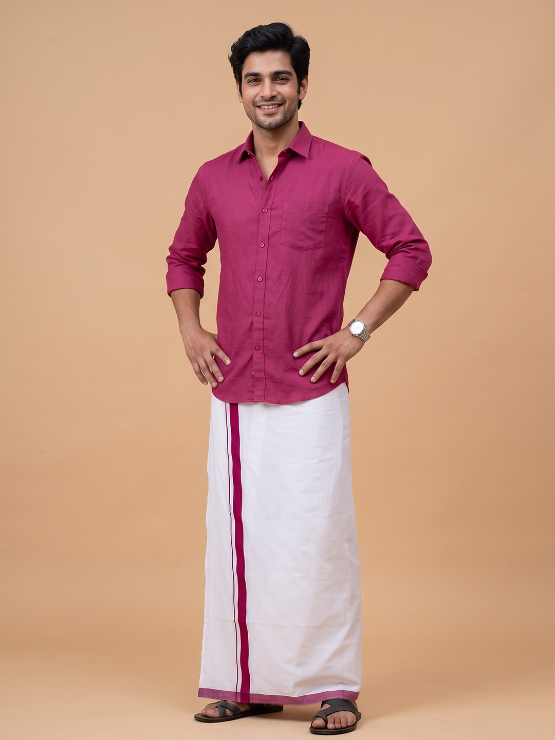 Double Layer 100% Cotton White Dhoti With Dark Pink Border - ADS02