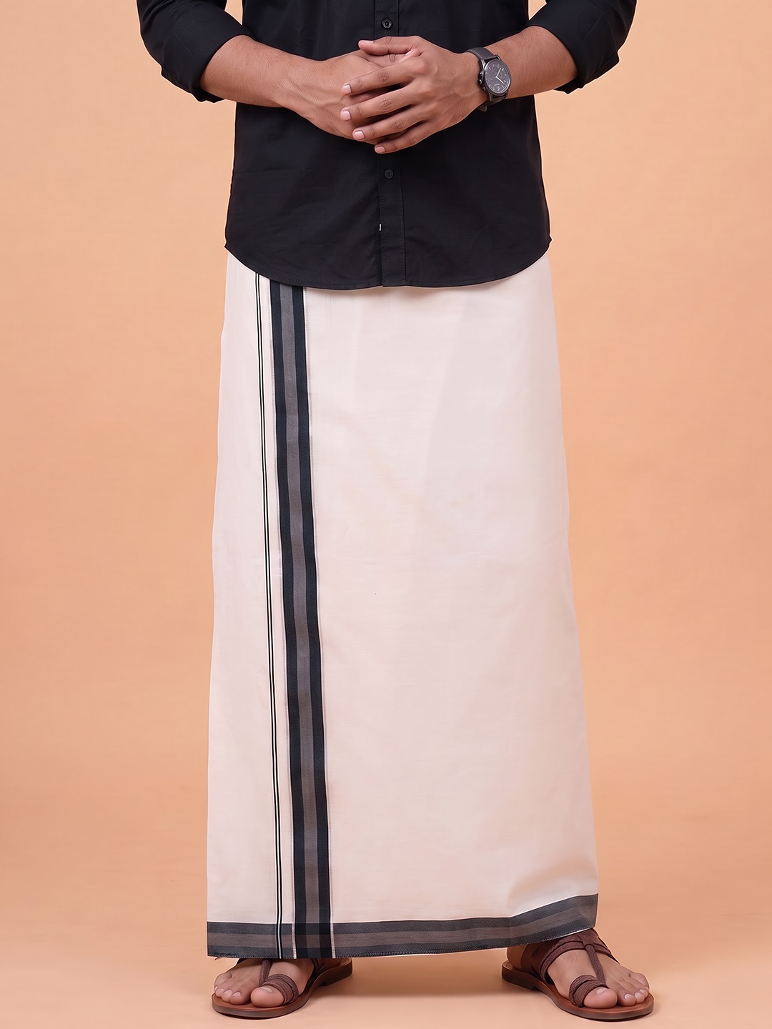 Double Layer Premium Handloom Cream Dhoti With Colour Border - HLM124