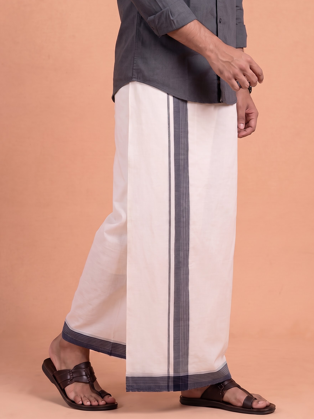 Double Layer Premium Handloom Cream Dhoti With Colour Border - HLM126