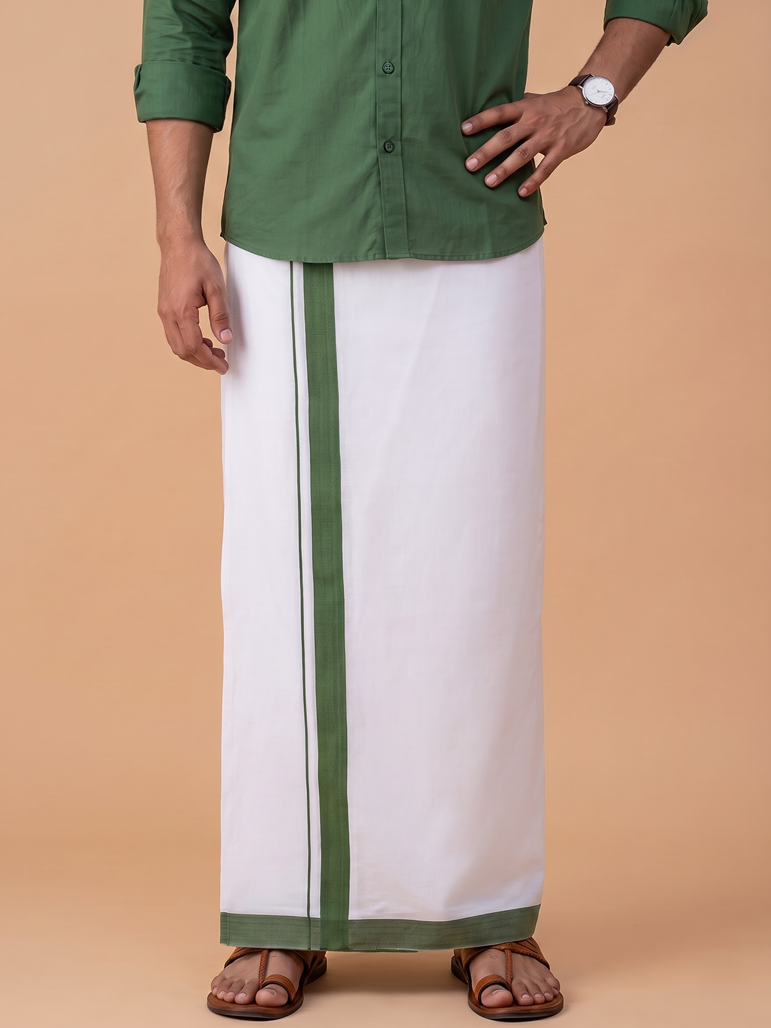 Double Layer 100% Cotton White Dhoti With Green Border - ADS04