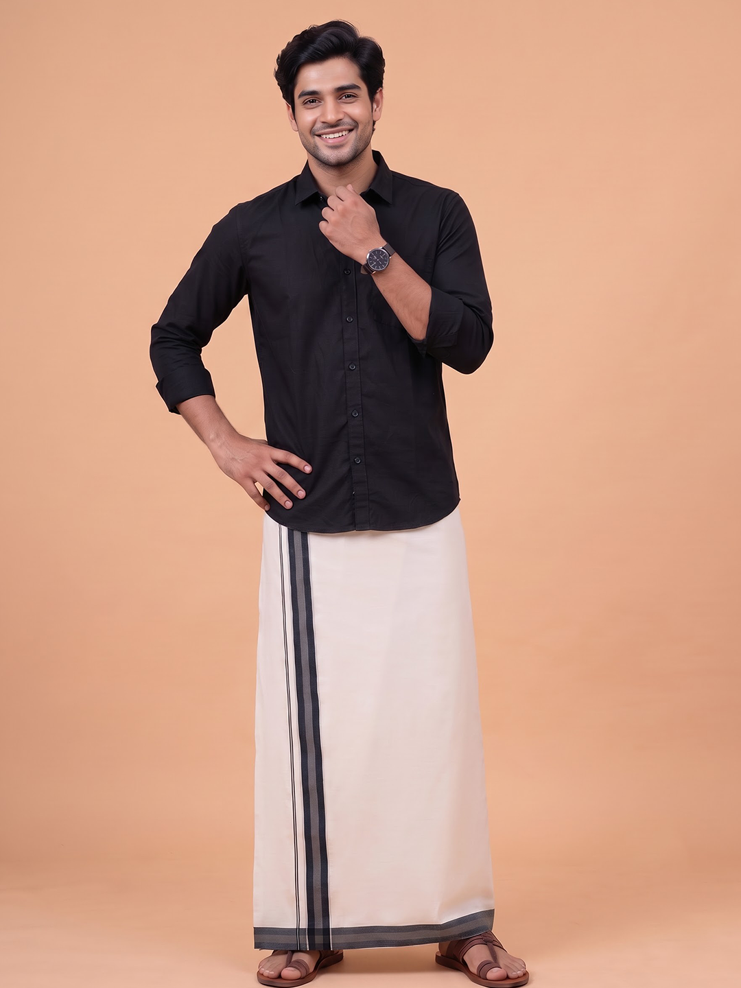 Double Layer Premium Handloom Cream Dhoti With Colour Border - HLM124