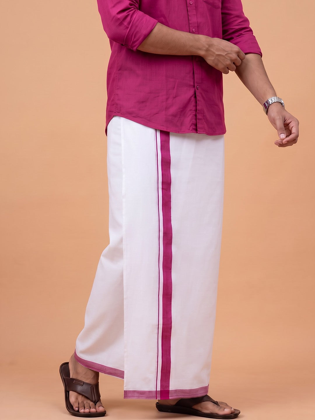 Double Layer 100% Cotton White Dhoti With Dark Pink Border - ADS02