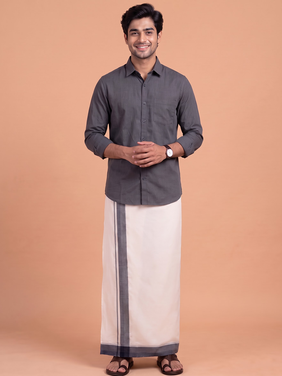 Double Layer Premium Handloom Cream Dhoti With Colour Border - HLM126
