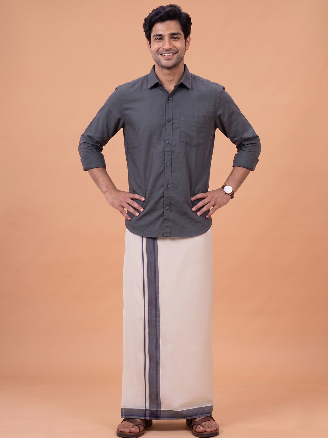 Double Layer Premium Handloom Cream Dhoti With Colour Border - HLM125