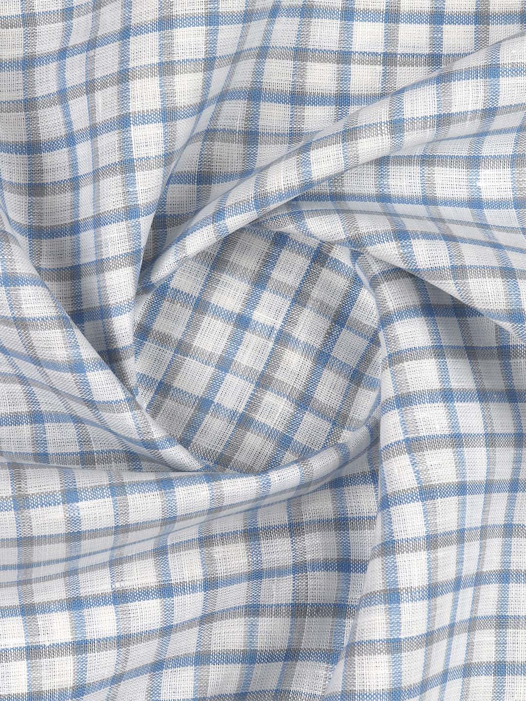 100% European Linen Grey with Blue Checked Shirt Fabric Park Elite