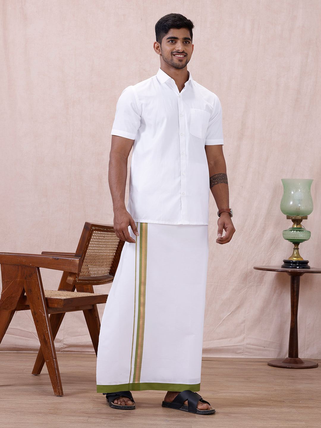 Men 100% Cotton Single Layer White Dhoti with Fancy Jari Border GR08