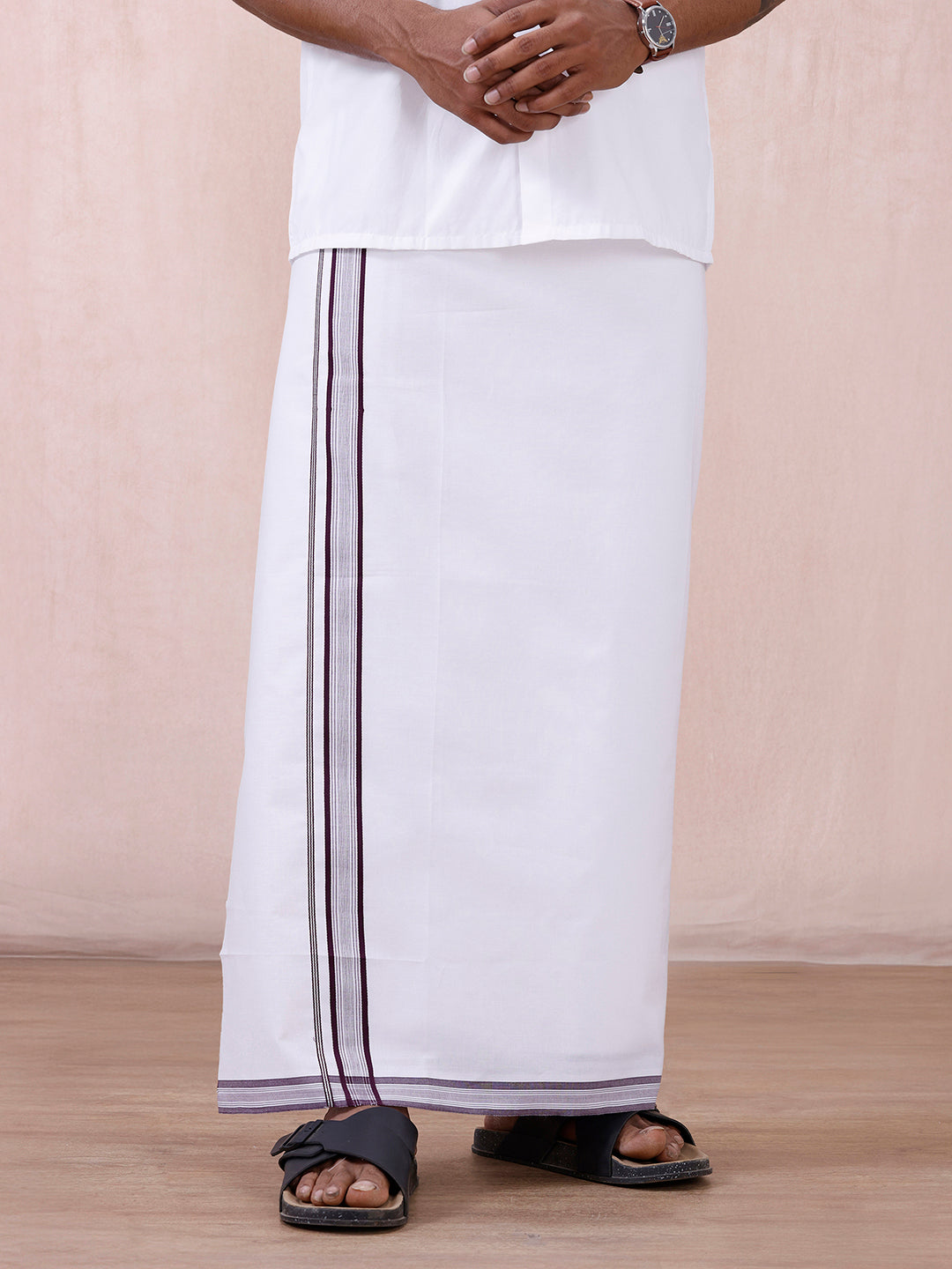 Men 100% Cotton Single Layer White Dhoti with Fancy Jari Border HW02