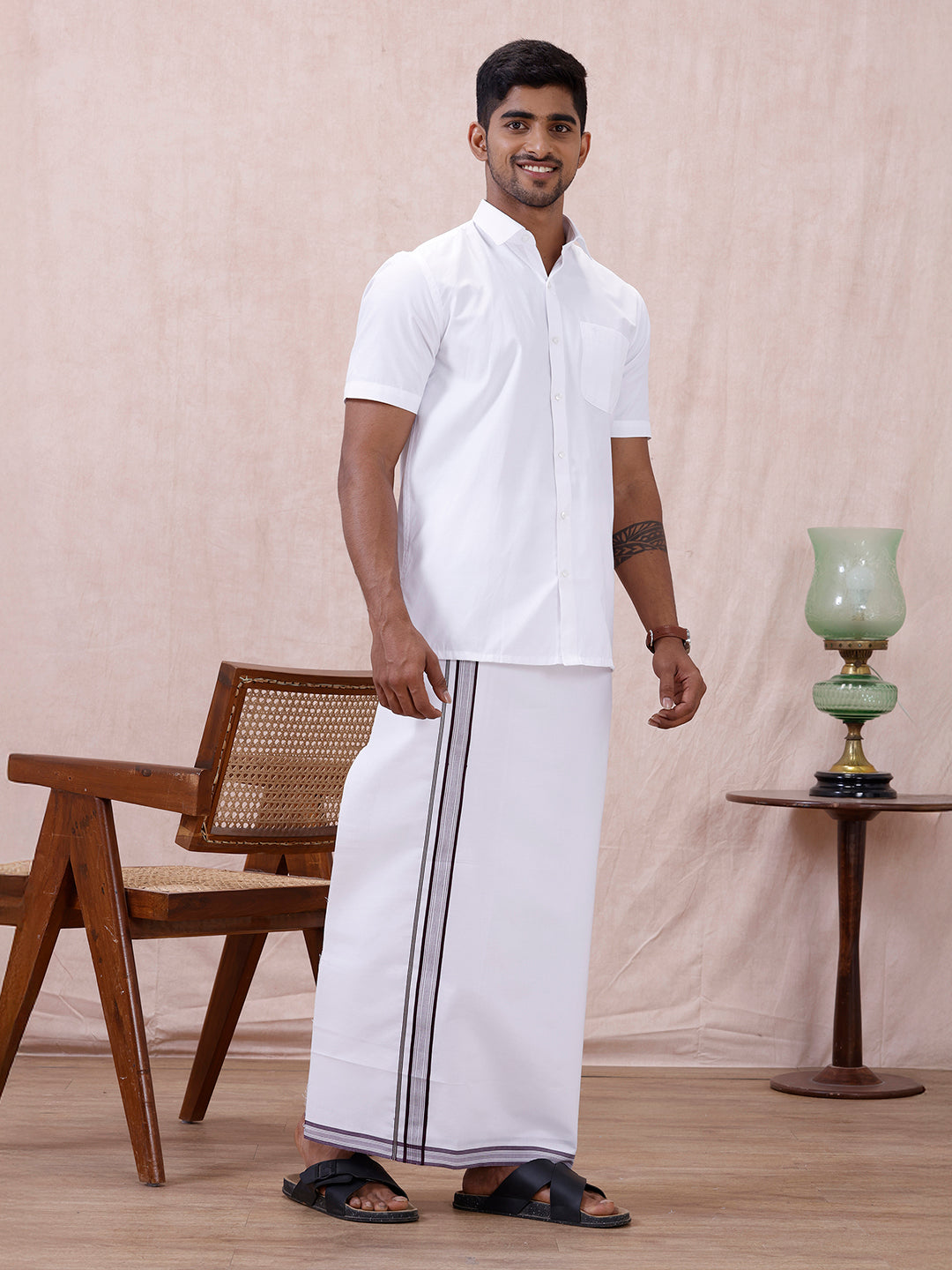 Men 100% Cotton Single Layer White Dhoti with Fancy Jari Border HW02
