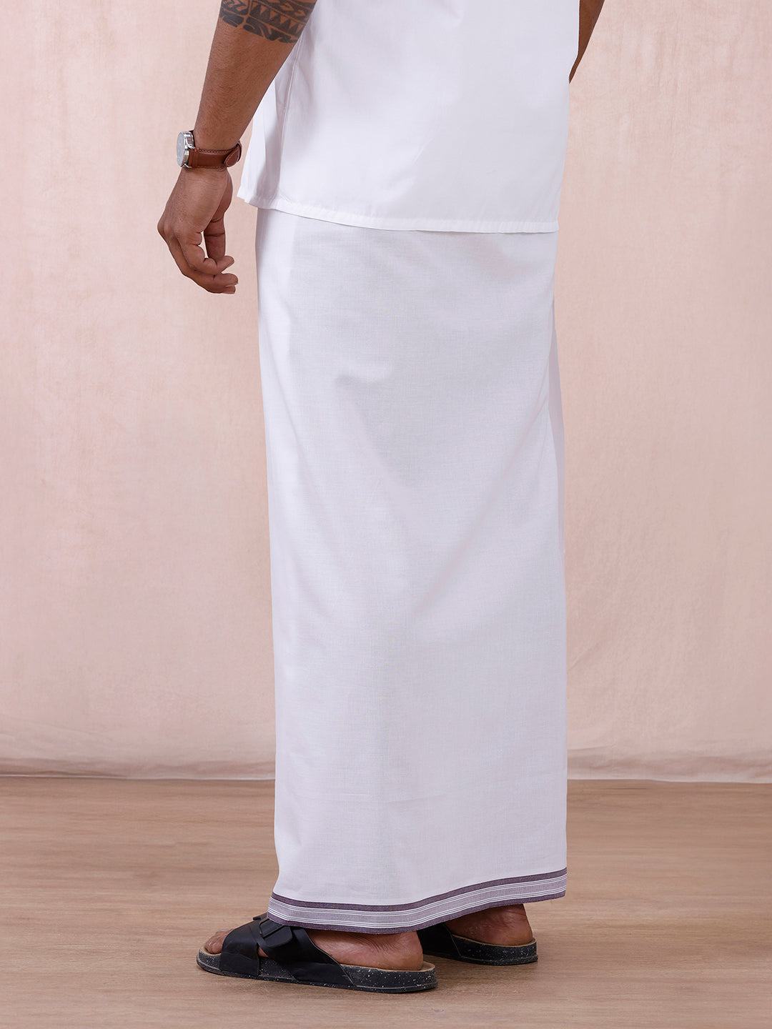 Men 100% Cotton Single Layer White Dhoti with Fancy Jari Border HW02