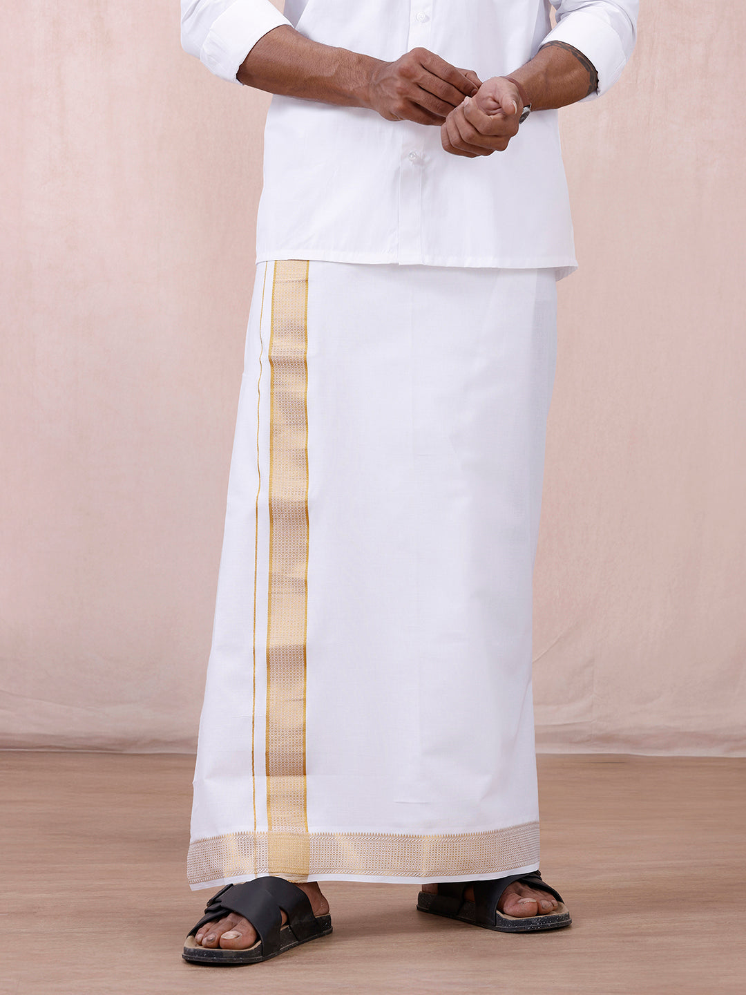 Men 100% Cotton Single Layer White Dhoti with Gold Jari Border Aura 366