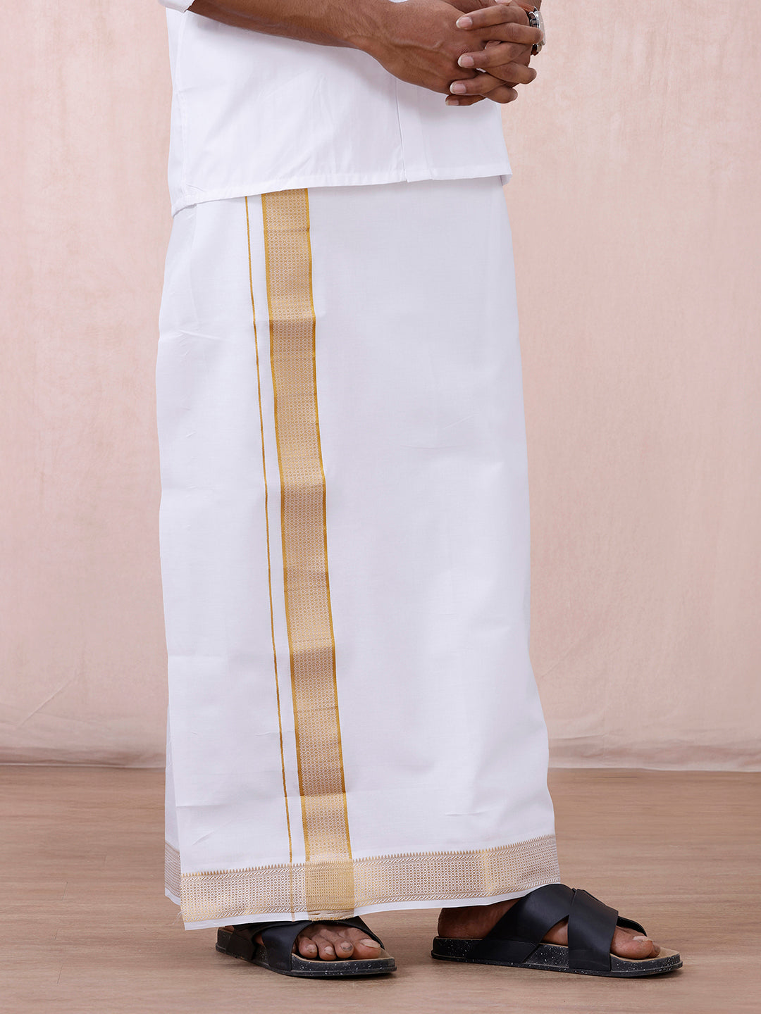 Men 100% Cotton Single Layer White Dhoti with Gold Jari Border Aura 366