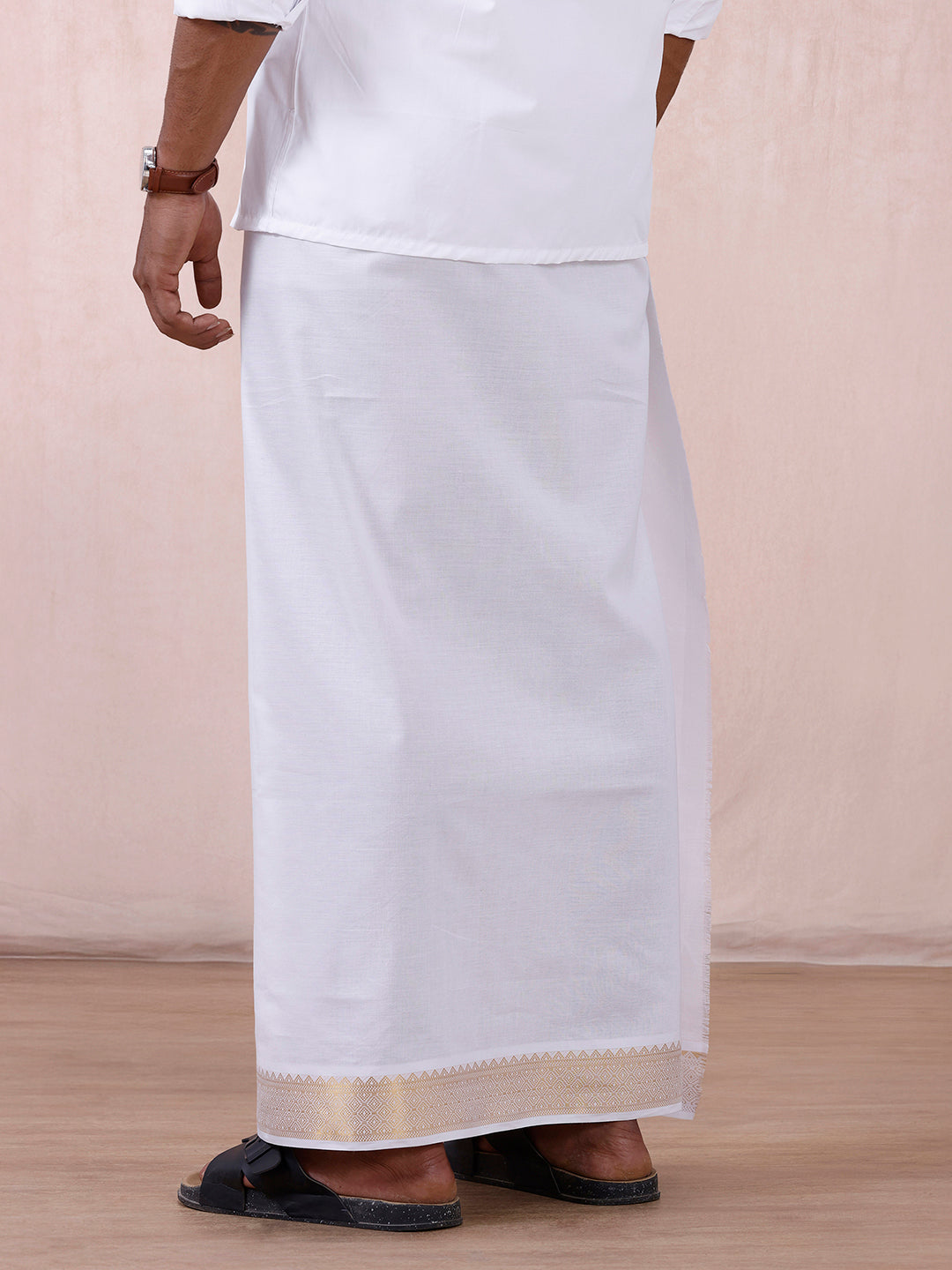 Men 100% Cotton Single Layer White Dhoti with Gold Jari Border Aura 306