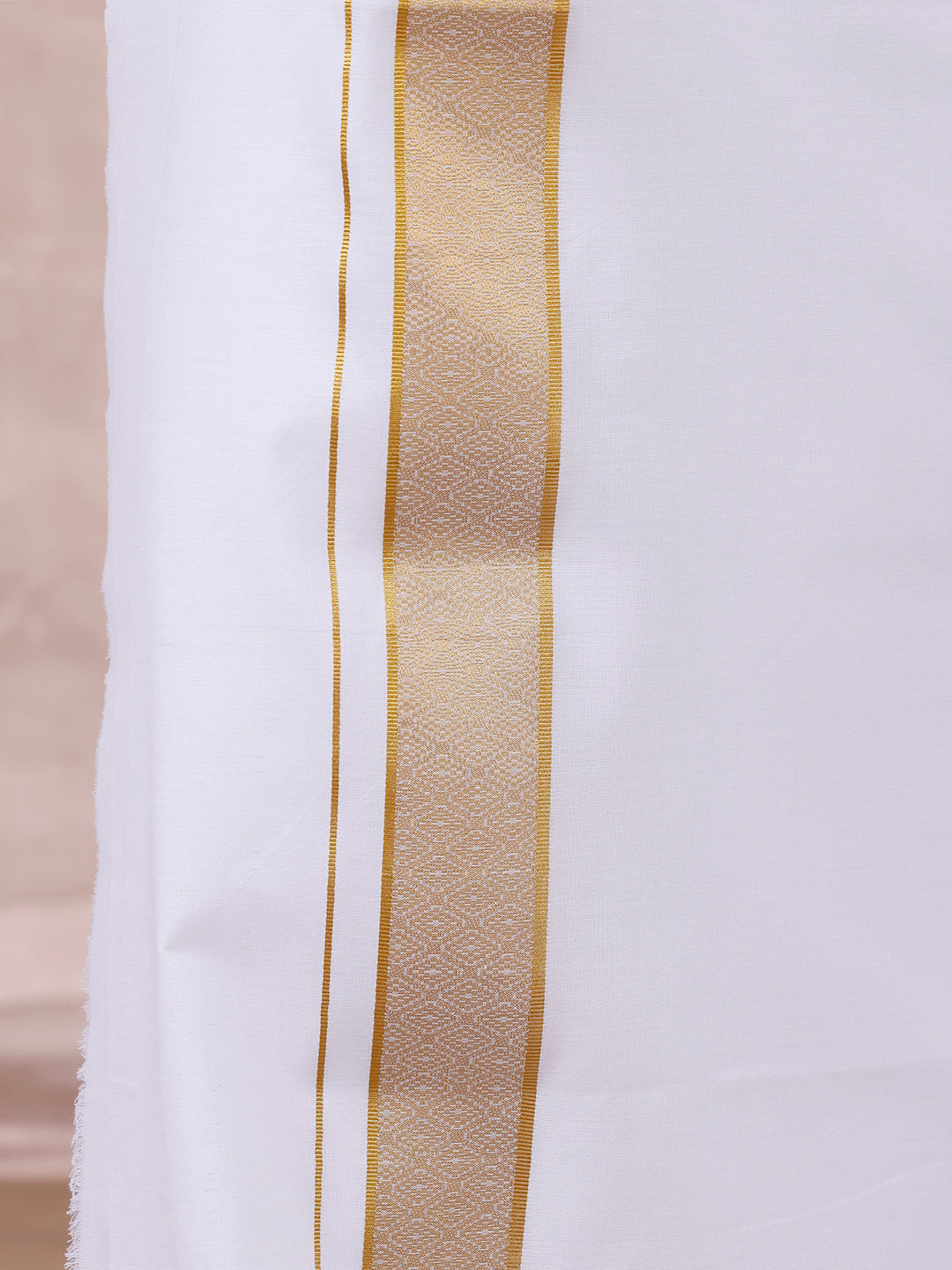 Men 100% Cotton Single Layer White Dhoti with Gold Jari Border Aura 306