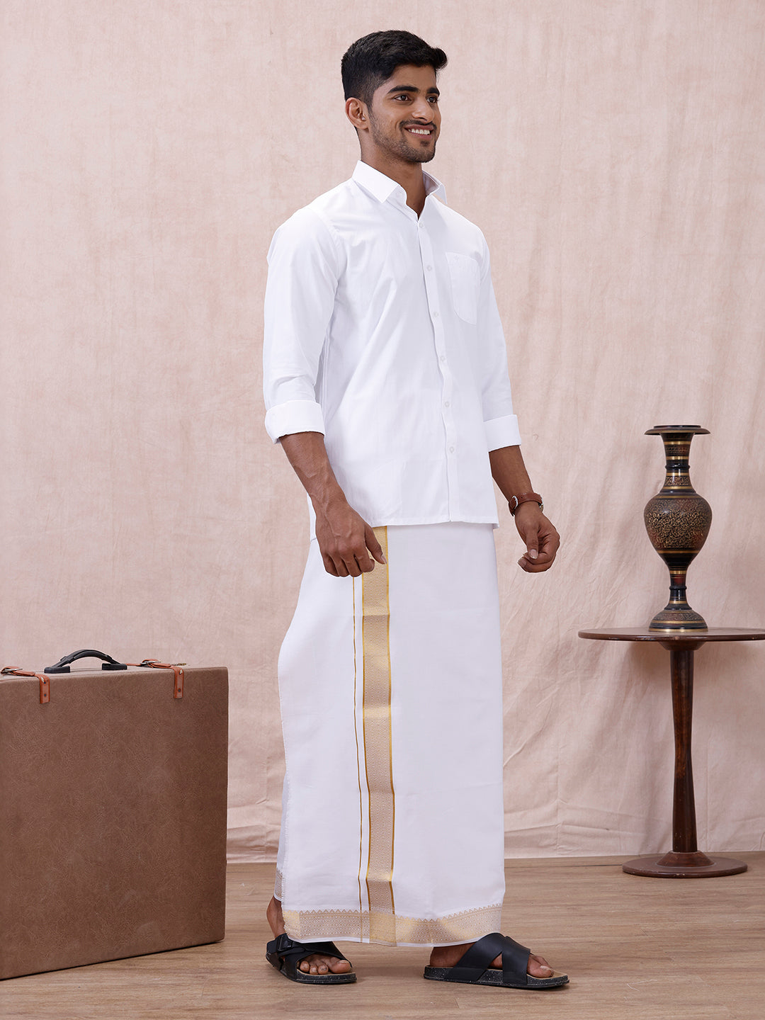 Men 100% Cotton Single Layer White Dhoti with Gold Jari Border Aura 306