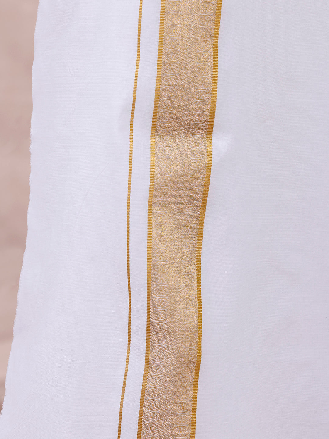 Men 100% Cotton Single Layer White Dhoti with Gold Jari Border Aura 301