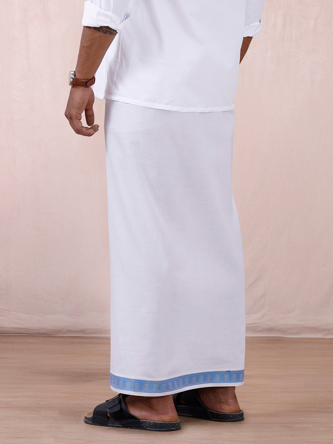 Men Cotton Blend Readymade Double Layer White Dhoti with Fancy Jari Border GGEA02