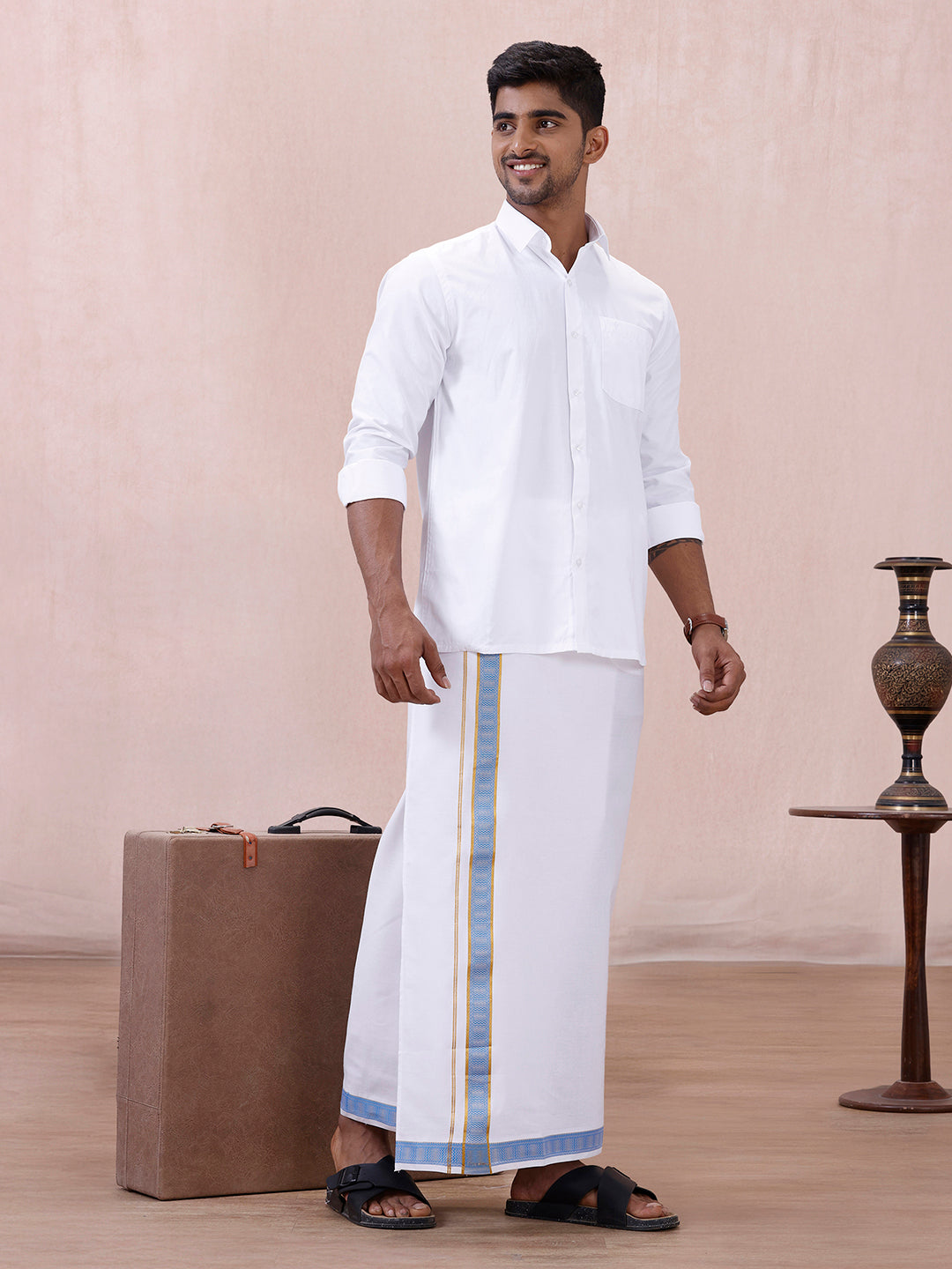 Men Cotton Blend Readymade Double Layer White Dhoti with Fancy Jari Border GGEA02
