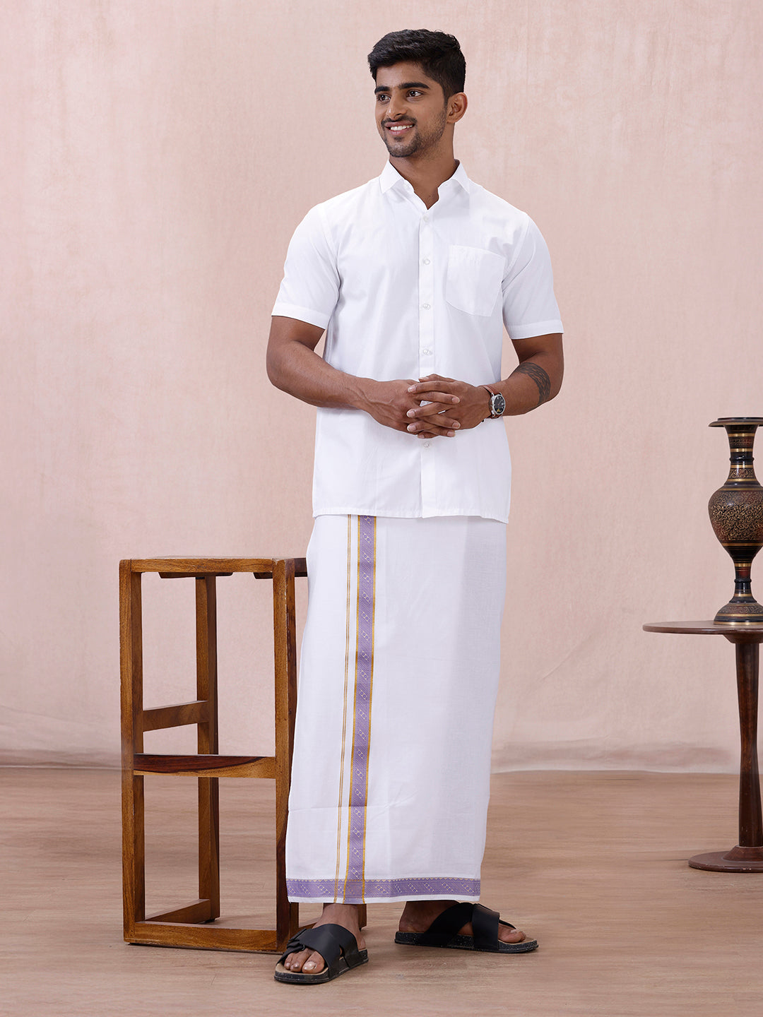 Men Cotton Blend Readymade Double Layer White Dhoti with Fancy Jari Border GGEA01