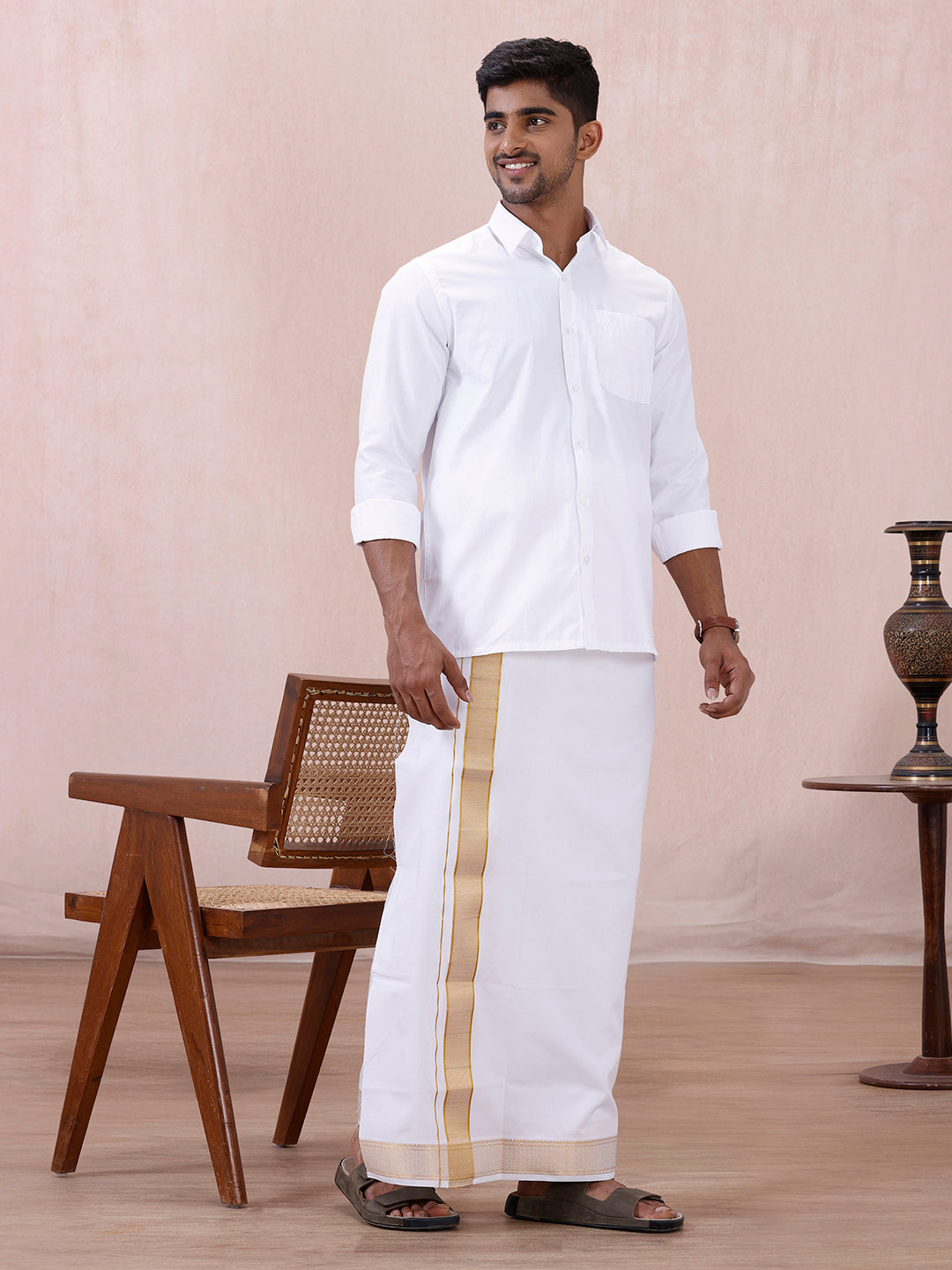 Men 100% Cotton Single Layer White Dhoti with Gold Jari Border Aura 368