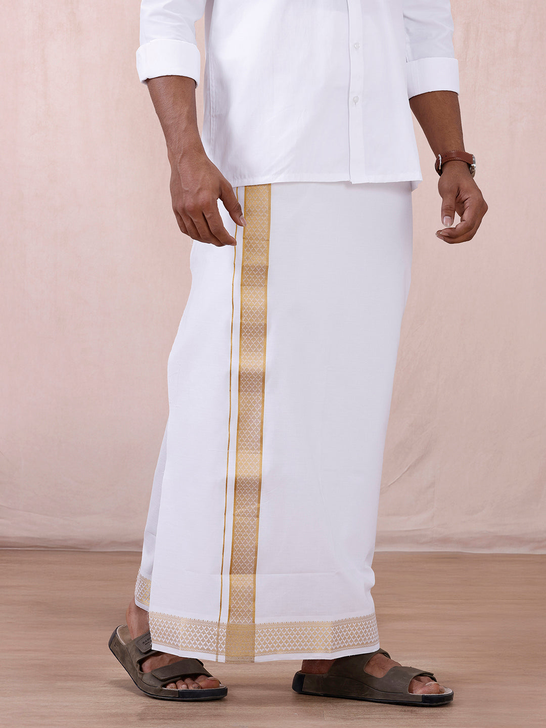 Men 100% Cotton Single Layer White Dhoti with Gold Jari Border Aura 363