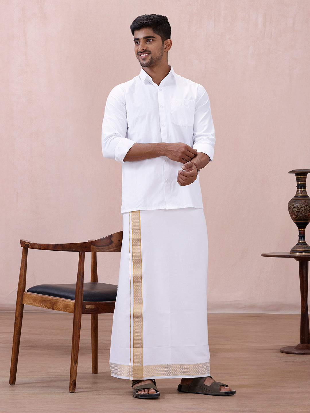 Men 100% Cotton Single Layer White Dhoti with Gold Jari Border Aura 363